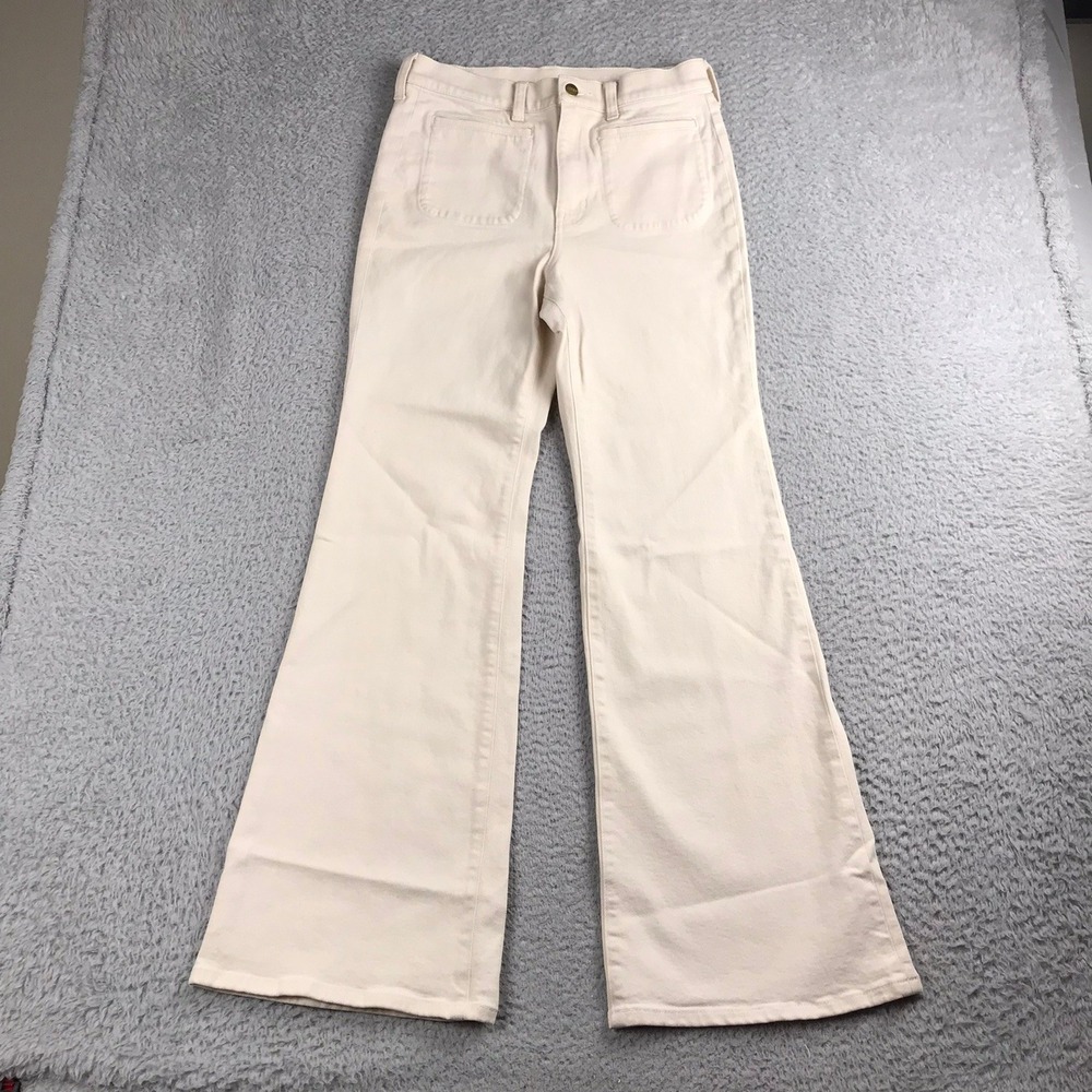J Crew '96 Flare Jeans Women 28 Ivory High Rise Patch Pocket Bell Bottom Denim